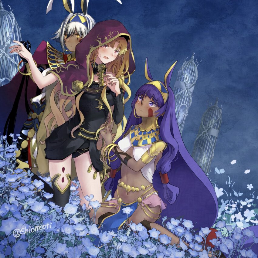 3girls, ancient_egyptian, ancient_egyptian_clothes, animal_ears, antenna_hair, black_bandages, blonde_hair, blush, breasts, cage, cape, cloak, colored_inner_hair, dark-skinned_female, dark_skin, dress, earrings, ereshkigal_(fate), facepaint, facial_mark, fate/grand_order, fate_(series), flower, hair_between_eyes, hairband, hand_in_another's_hair, highres, hoop_earrings, jackal_ears, jewelry, kneeling, long_hair, low-tied_long_hair, medium_breasts, multicolored_hair, multiple_girls, nitocris_(fate), nitocris_(second_ascension)_(fate), nitocris_alter_(fate), nitocris_alter_(second_ascension)_(fate), on_ground, open_mouth, oshio_(shiomooti), parted_bangs, purple_eyes, purple_hair, red_cape, red_cloak, red_eyes, short_hair, sidelocks, single_sleeve, sitting, streaked_hair, sweatdrop, thighhighs, two_side_up, underworld, usekh_collar, very_long_hair, white_hair, yellow_eyes