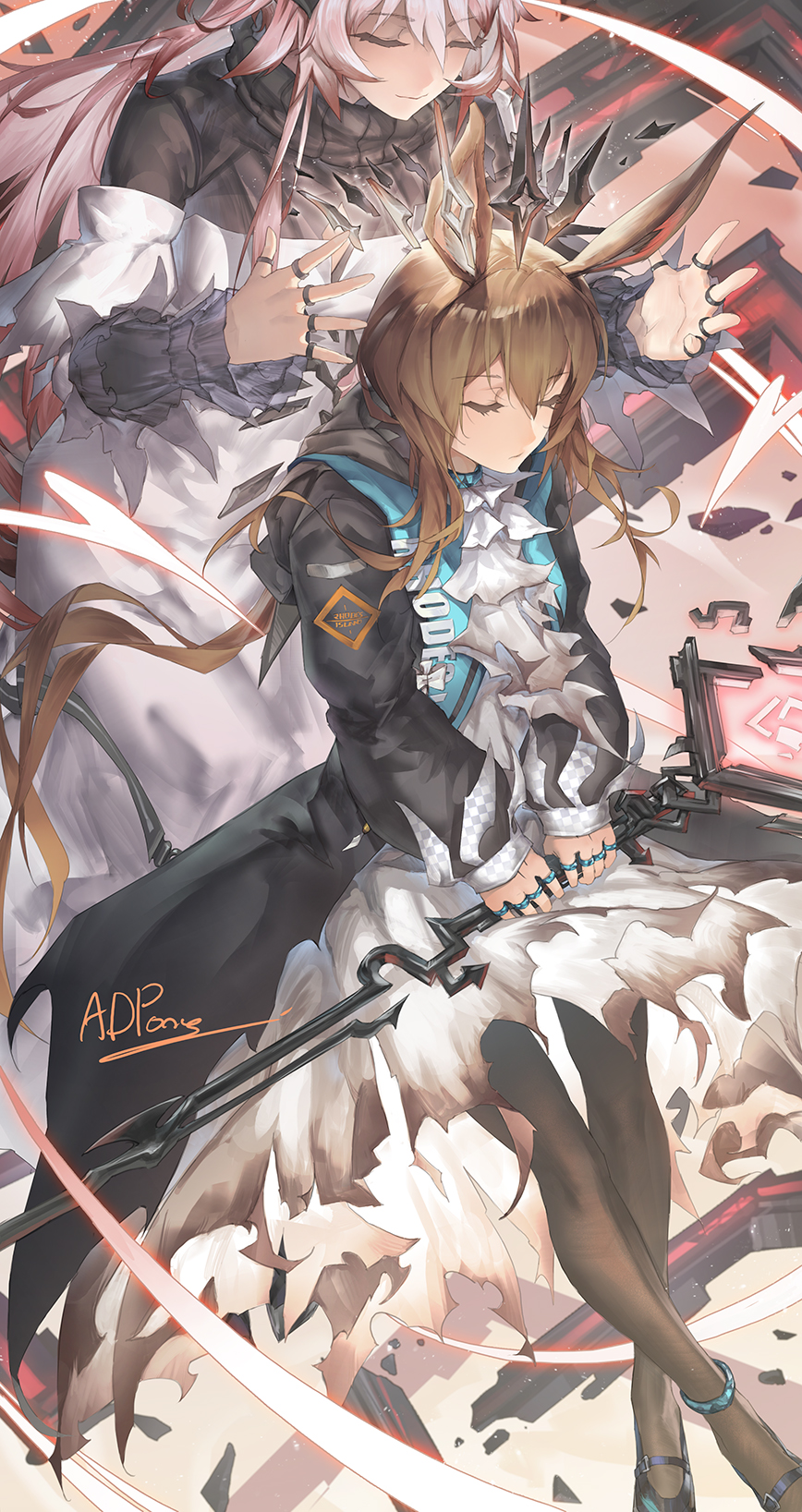 2girls, adpong, amiya_(arknights), animal_ears, anklet, arknights, artist_name, behind_another