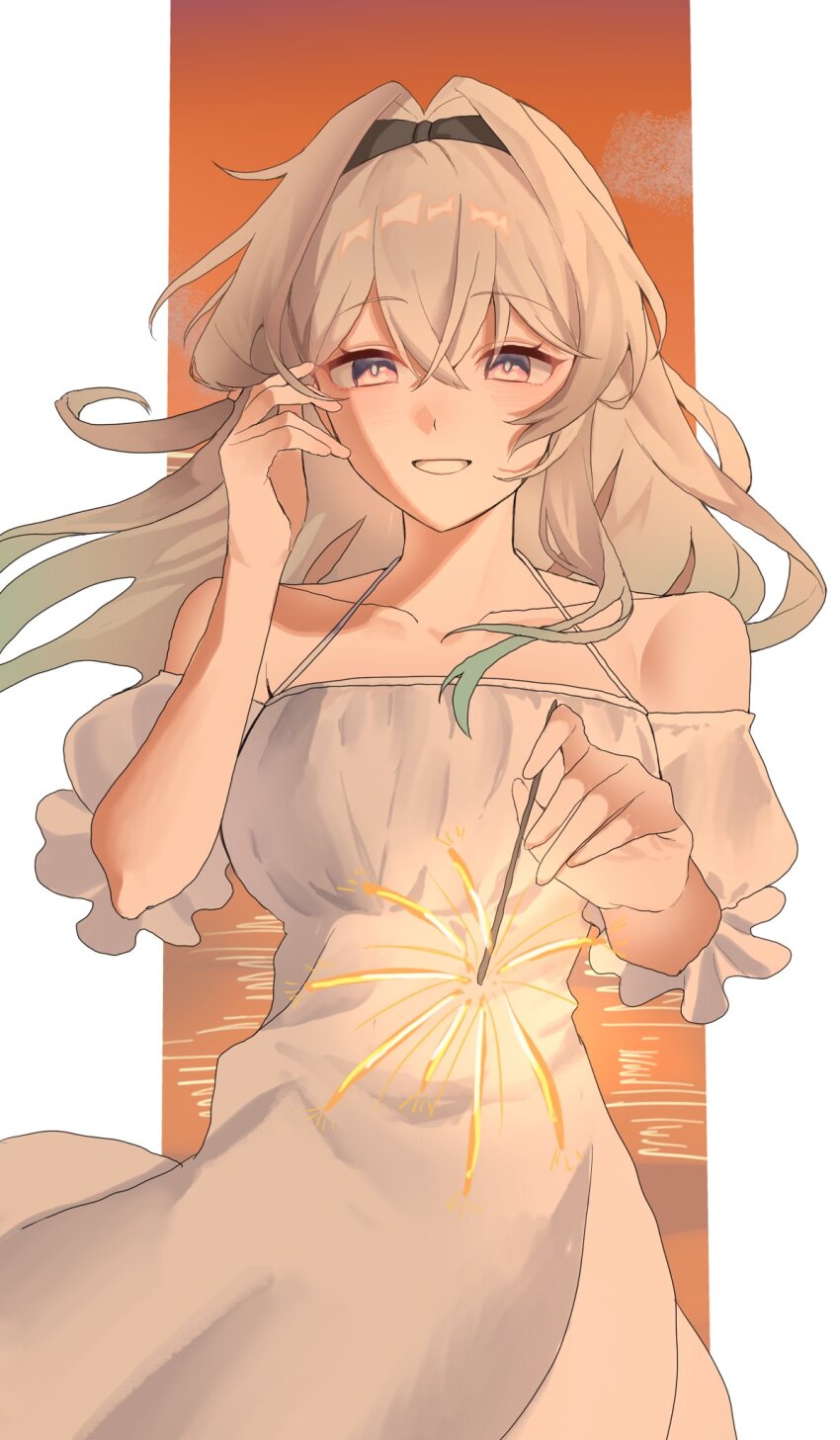 0910_2222, 1girl, bare_shoulders, black_hairband, blush, cloud, cloudy_sky, collarbone, dress, firefly_(honkai:_star_rail), frilled_sleeves, frills, gradient_hair, grey_hair, grey_pupils, hair_between_eyes, hair_intakes, hairband, hand_in_own_hair, highres, holding, holding_fireworks, honkai:_star_rail, honkai_(series), long_dress, long_hair, multicolored_eyes, multicolored_hair, off-shoulder_dress, off_shoulder, open_mouth, orange_sky, sky, smile, solo, teeth, two-tone_eyes, water, white_dress