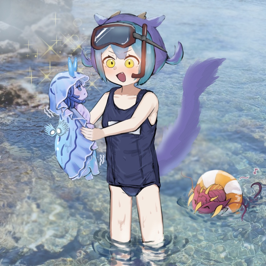 absurdres, blue_eyes, blue_hair, colored_eyelashes, day, diving_mask, dragon_girl, dragon_horns