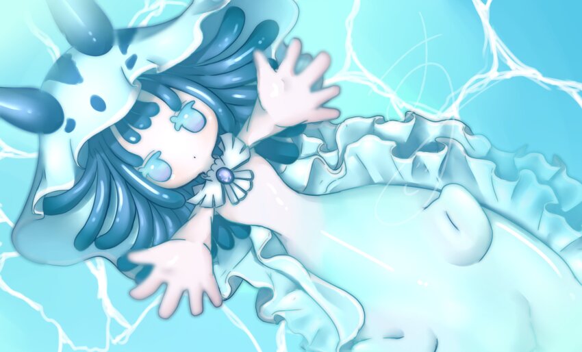 1girl, afloat, blue_eyes, blue_hair, colored_eyelashes, foreshortening, from_above, highres, looking_at_viewer, lying, lying_on_water, momyu_the_sea_shadow_spirit, monster_girl, ocean, on_back, outstretched_hand, reaching, reaching_towards_viewer, sea_slug_ears, sea_slug_girl, solo, tentacle_hair, water, wet, yp_suuuuuuu, yu-gi-oh!, yu-gi-oh!_rush_duel