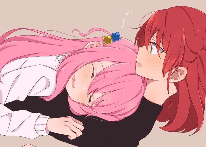 2girls, ^_^, alternate_costume, black_shirt, blush, bocchi_the_rock!, brown_background, closed_eyes