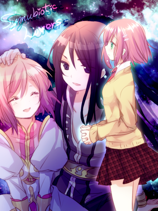 00s, 2girls, alternate_costume, bad_id, bad_pixiv_id, black_eyes, black_hair, closed_eyes