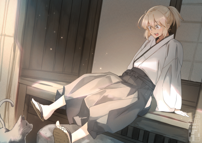 1girl, :d, alternate_costume, arm_support, black_cat, black_hakama, blonde_hair, cat