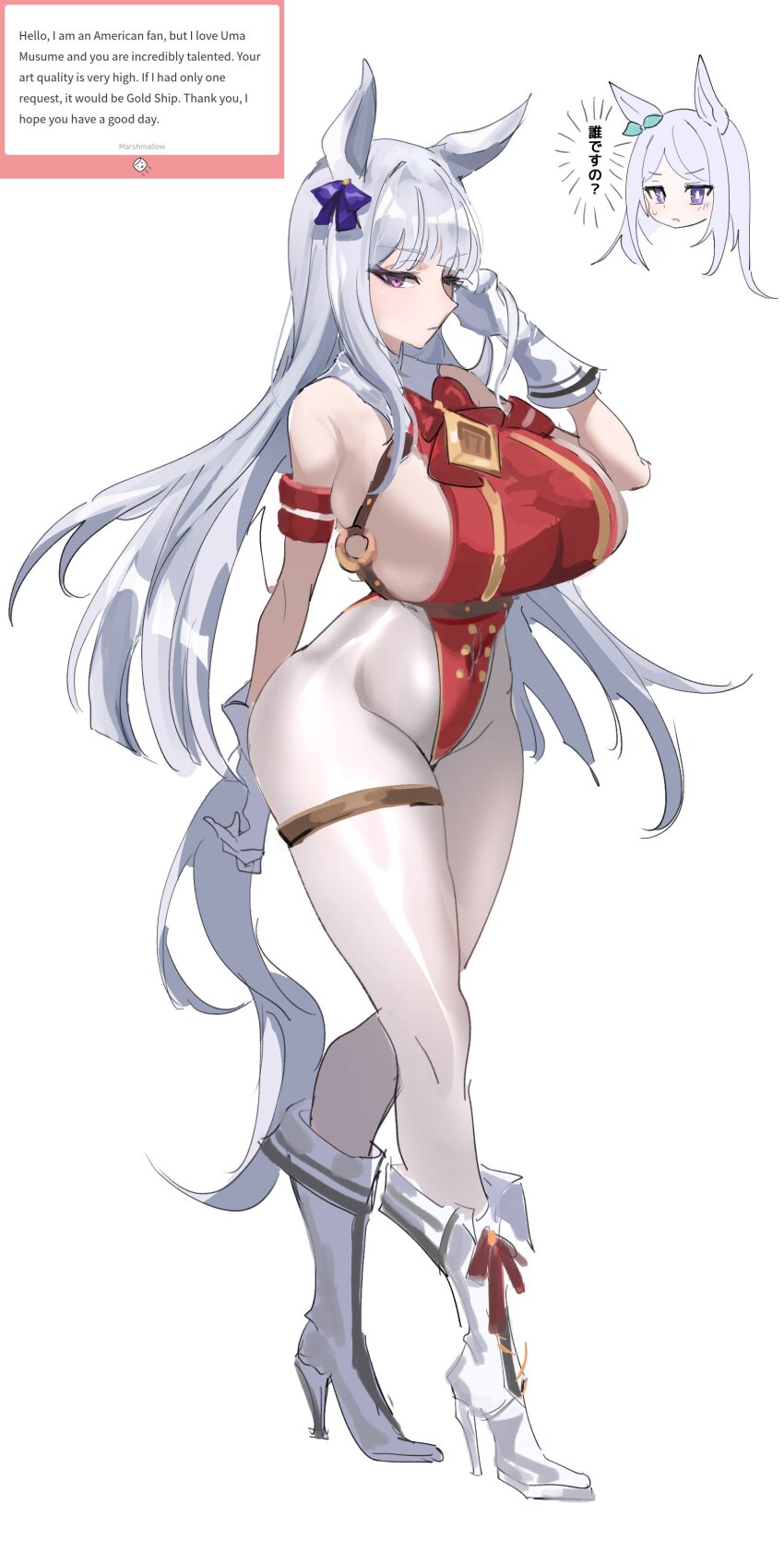 2girls, absurdres, animal_ears, arm_up, bare_shoulders, boots, bow, breasts, chinese_commentary, closed_mouth, commentary_request, ear_bow, english_text, full_body, gloves, gold_ship_(umamusume), grey_hair, grey_tail, groin, hand_in_own_hair, high_heel_boots, high_heels, highleg, highleg_leotard, highres, horse_ears, horse_girl, horse_tail, huge_breasts, inset, knee_boots, leotard, long_hair, looking_at_viewer, mejiro_mcqueen_(umamusume), mixed-language_commentary, multiple_girls, o-ring, one_eye_closed, pantyhose, pink_eyes, purple_bow, purple_eyes, red_leotard, request_inset, simple_background, sizhe, sketch, standing, tail, thigh_strap, translation_request, umamusume, white_background, white_boots, white_gloves, white_pantyhose