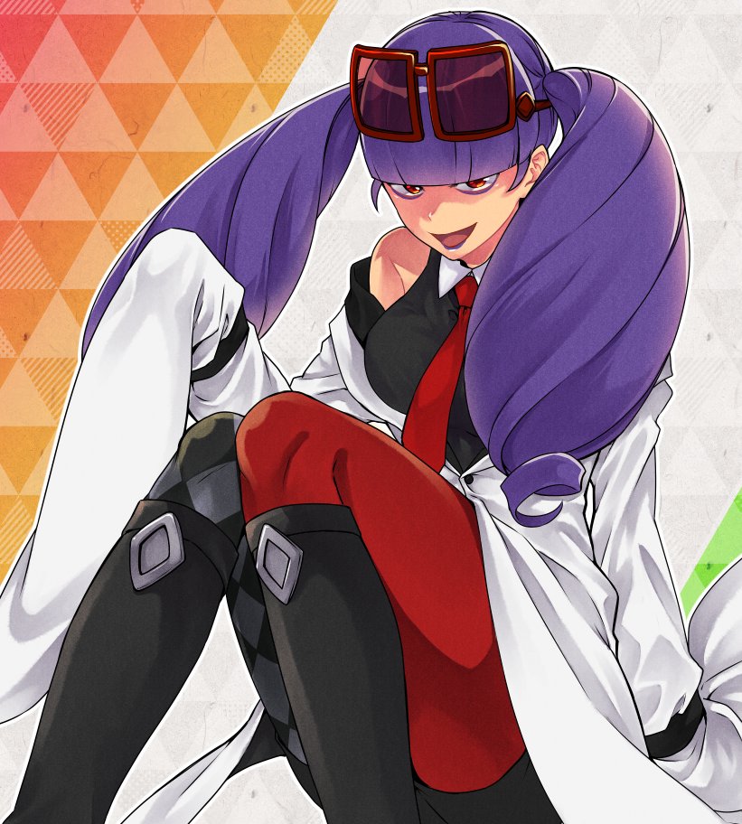 1girl, black_boots, blunt_bangs, boots, eyeliner, eyewear_on_head, grey_hair, komoten_(yuigadokusontei)