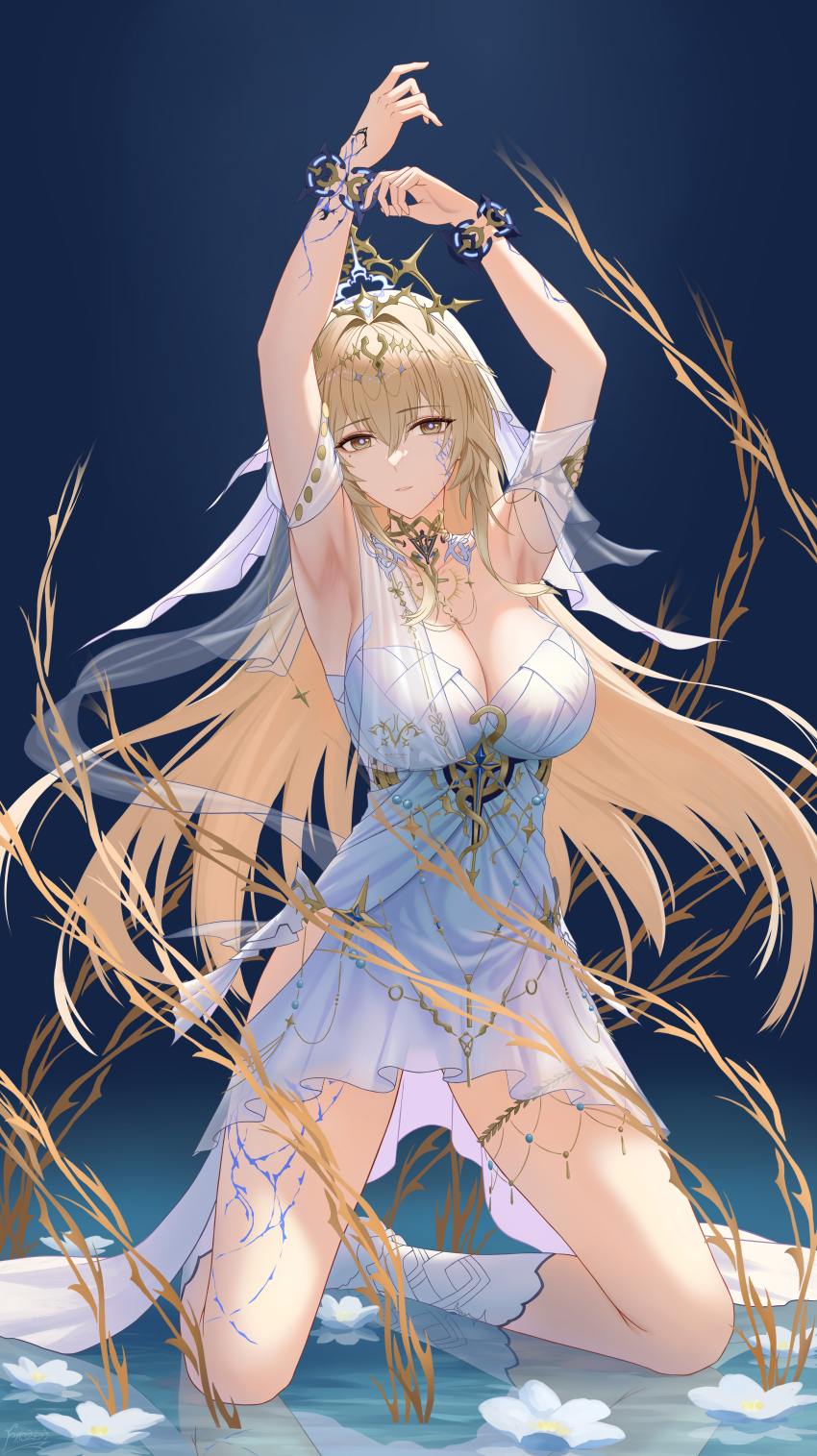 1girl, absurdres, armpits, arms_up, bianca:_crepuscule_(pgr), bianca_(pgr), blonde_hair, breasts, cleavage, closed_mouth, commentary, dress, frozen-sad, gold_tiara, hair_between_eyes, highres, kneeling, large_breasts, long_hair, looking_at_viewer, punishing:_gray_raven, reflection, reflective_liquid, solo, tiara, very_long_hair, white_dress, yellow_eyes