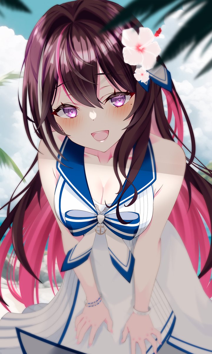 1girl, azki_(hololive), azki_(holonatsu_paradise)_(hololive), bare_shoulders, blush, bracelet, breasts, cleavage