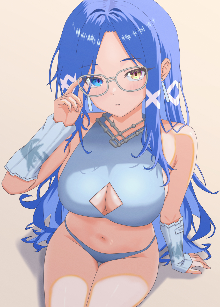 1girl, absurdres, adjusting_eyewear, arm_warmers, bare_shoulders, bikini, blue_bikini, blue_eyes