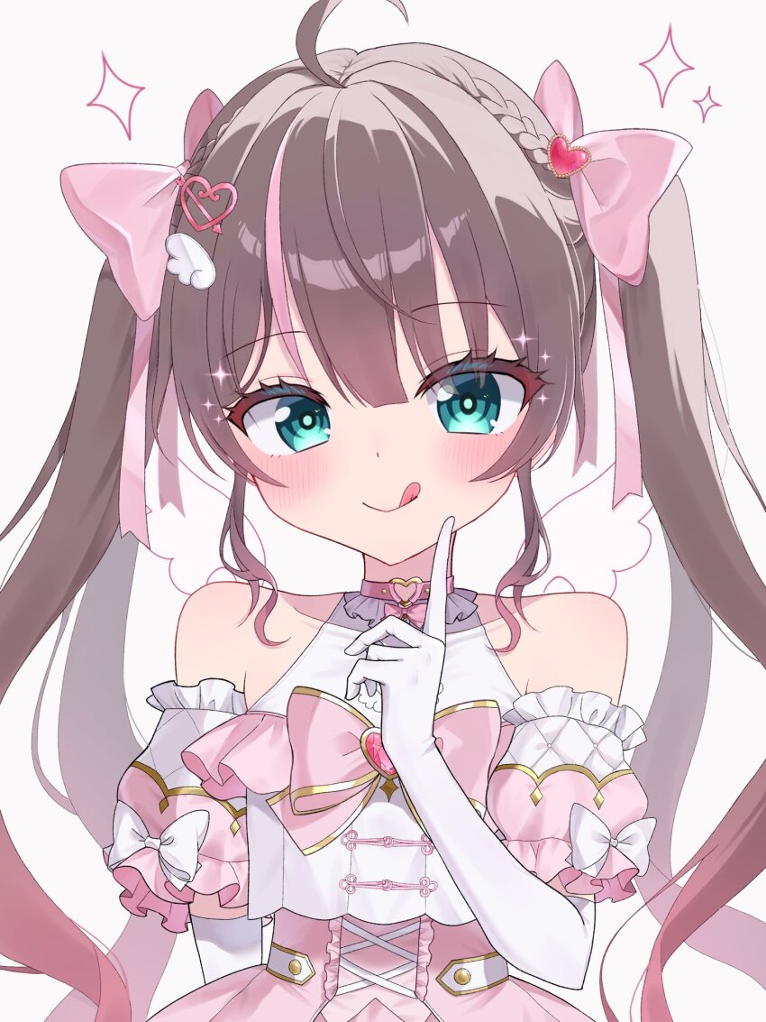 1girl, :q, ahoge, angel_wings, bare_shoulders, blush, bow, brown_hair, detached_sleeves, dress, elbow_gloves, gloves, hair_ornament, heart, heart_hair_ornament, highres, hololive, long_hair, looking_at_viewer, multicolored_hair, myyp08, natsuiro_matsuri, natsuiro_matsuri_(magical_girl), pink_bow, pink_dress, pink_hair, simple_background, smile, solo, sparkle, streaked_hair, tongue, tongue_out, upper_body, virtual_youtuber, white_background, white_gloves, wings