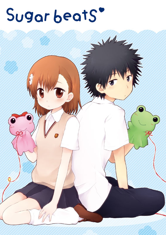 1boy, 1girl, back-to-back, bad_id, bad_pixiv_id, black_eyes, black_hair, blue_background