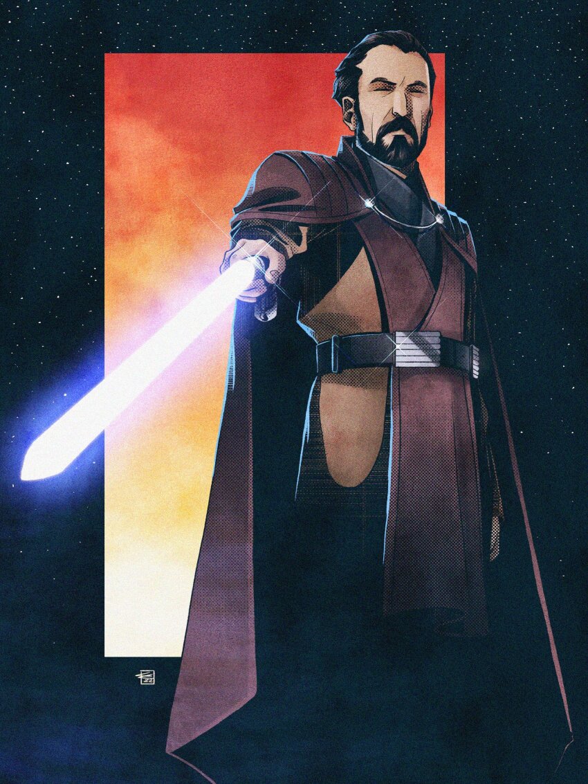 1boy, beard, black_hair, blue_lightsaber, closed_eyes, colin_craker, count_dooku, energy_sword