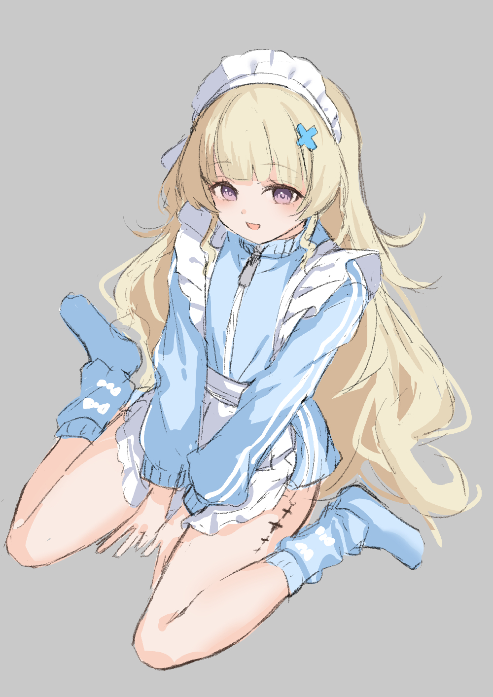 1girl, alternate_costume, apron, blonde_hair, blue_socks, commentary_request, enmaided, flat_chest