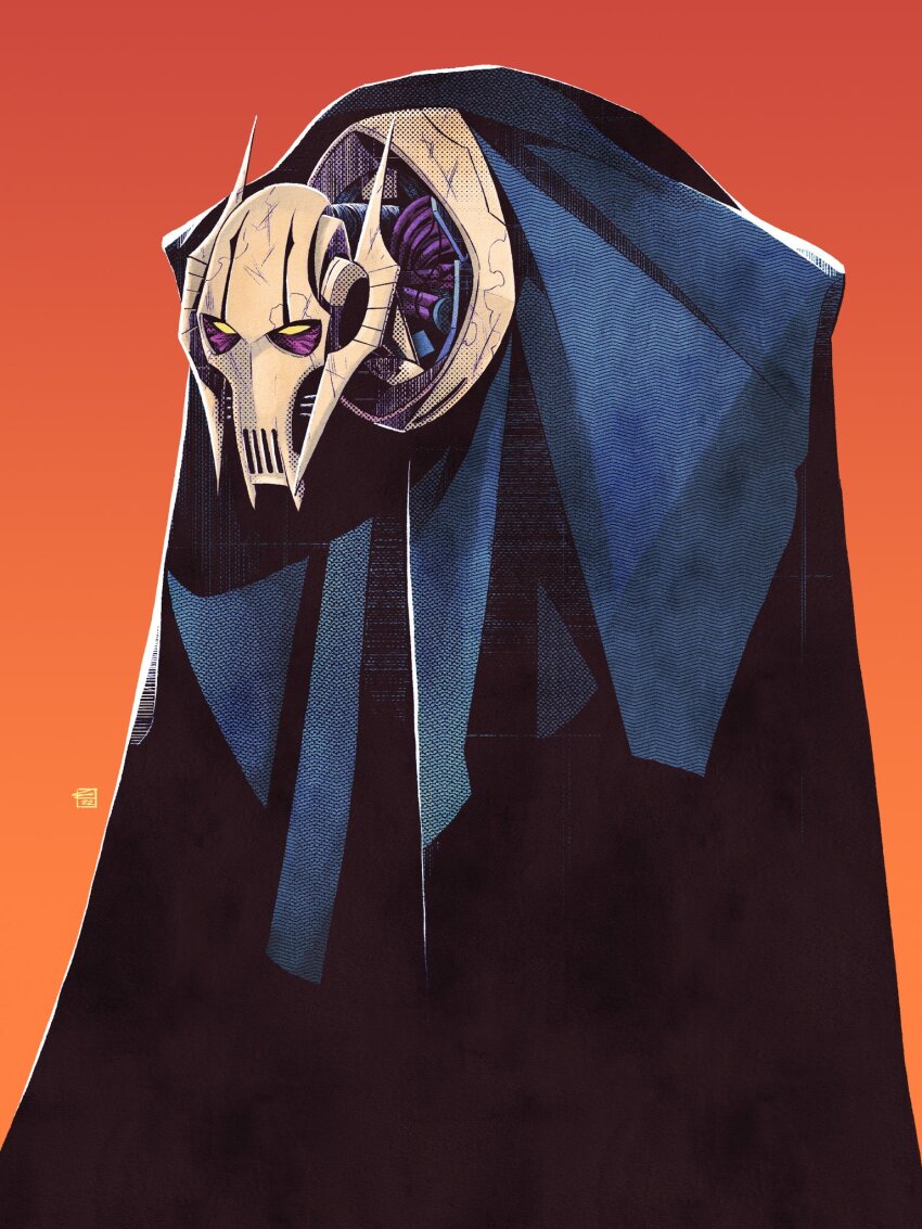 1boy, black_cloak, cloak, colin_craker, general_grievous, gradient_background, highres, orange_background
