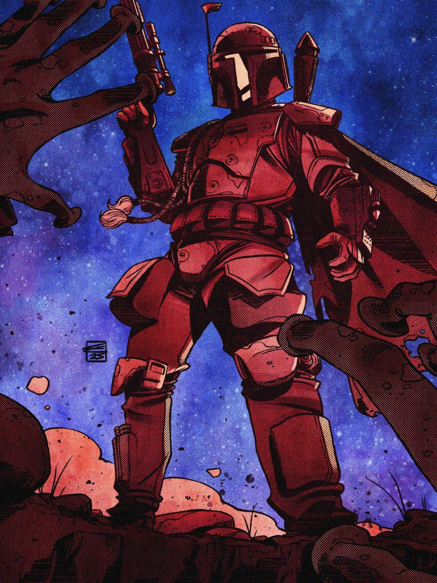 2boys, armor, boba_fett, cape, colin_craker, gun, helmet, highres