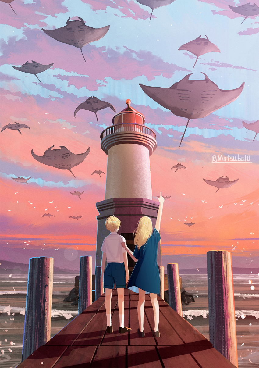 1boy, 1girl, artist_name, blonde_hair, blue_dress, blue_shorts, blue_sky, brown_shoes