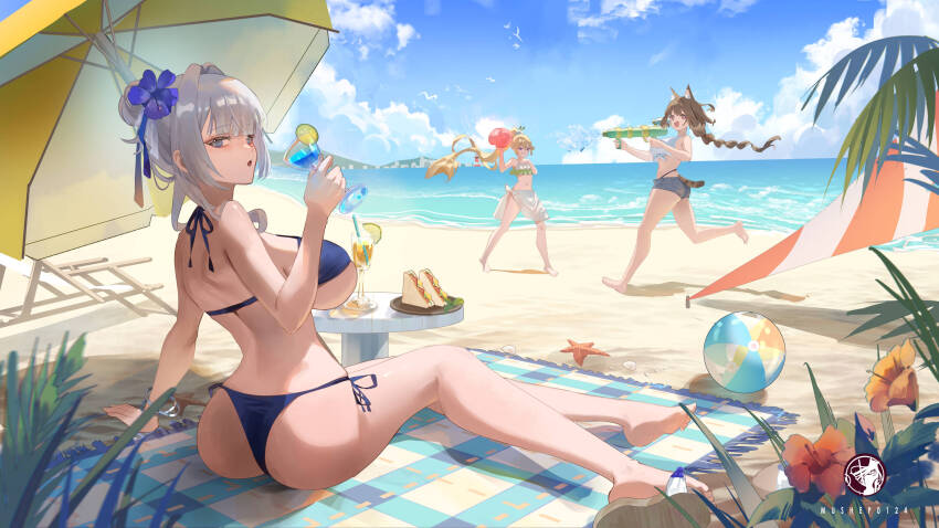 3girls, :o, abroccoli, animal_ears, arm_support, artist_logo, ass, ball