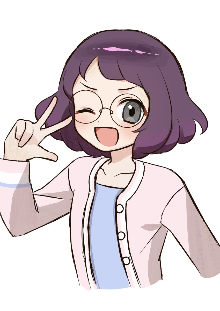 1girl, blue_shirt, brown_hair, djob7ycnem9, glasses, grey_eyes, highres, jacket, looking_at_viewer, misora_inaho, open_clothes, open_jacket, open_mouth, pink_jacket, round_eyewear, shirt, short_hair, solo, upper_body, v, white_background, youkai_watch, youkai_watch_3