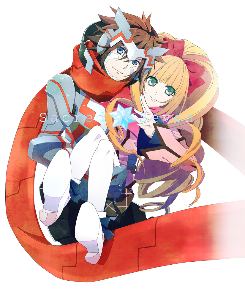 10s, aiba_ruri, armor, blue_eyes, bodysuit, bow, carrying, green_eyes, hair_bow, long_hair, lydi_(dd), orange_hair, power_armor, princess_carry, red_hair, sacred_seven, scarf, smile, tandouji_alma, thighhighs