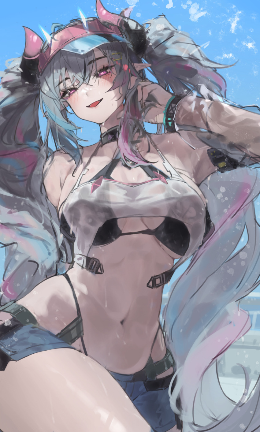 1girl, absurdres, bare_shoulders, bikini, black_bikini, black_horns, blue_shorts, blue_sky, breasts, chinese_commentary, commentary_request, day, grey_hair, hair_between_eyes, hand_up, highres, horns, ian46166491, jetavie:_daybreak_(sunny_splash)_(pgr), jetavie_(pgr), large_breasts, light_blush, long_hair, looking_at_viewer, mismatched_pupils, multicolored_hair, navel, official_alternate_costume, outdoors, pink_eyes, pointy_ears, punishing:_gray_raven, shorts, sky, smile, solo, stomach, streaked_hair, swimsuit, symbol-shaped_pupils, thighs, twintails, visor_cap, wet, x-shaped_pupils