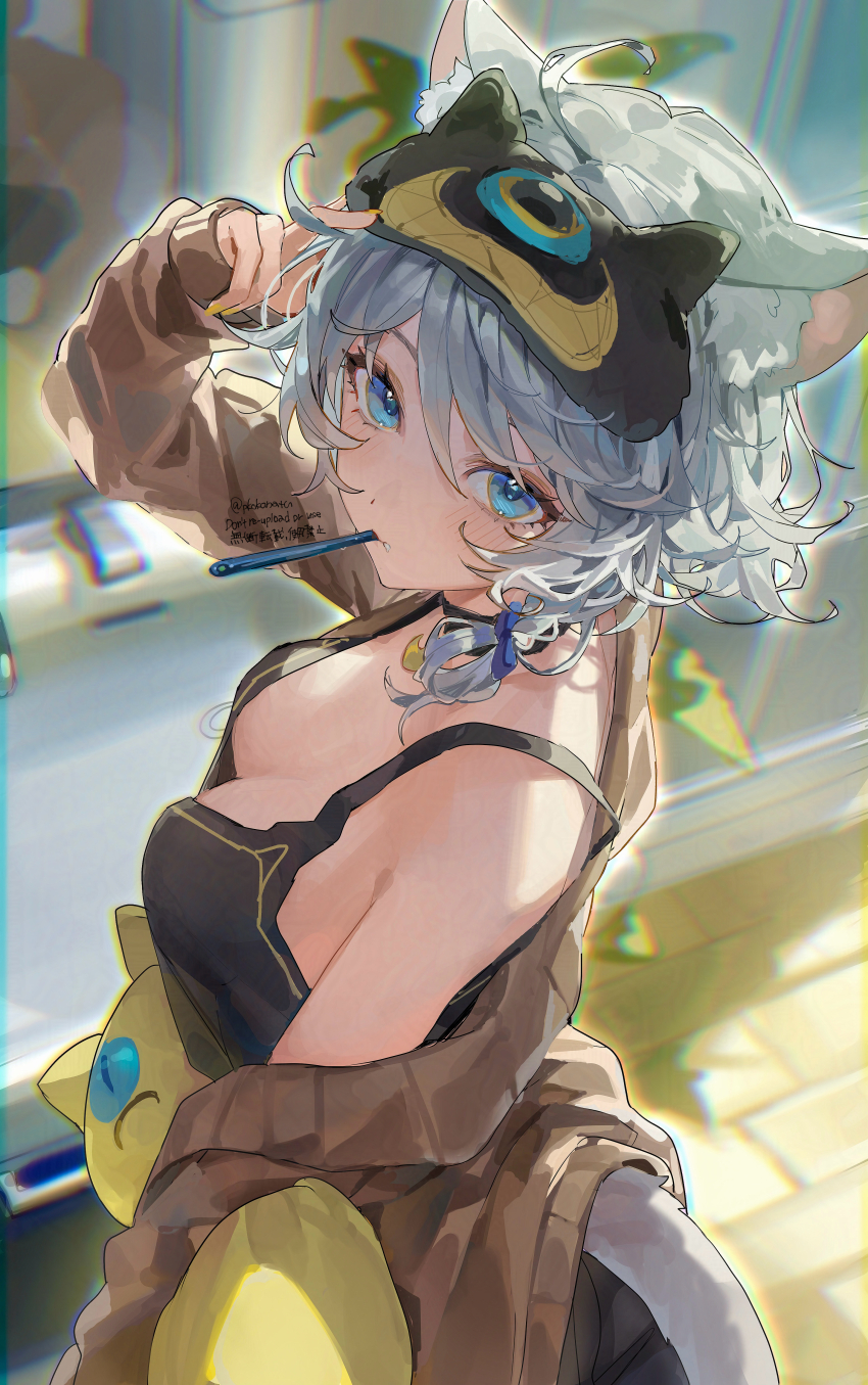 1girl, absurdres, ahoge, animal_ear_fluff, animal_ears, blue_eyes, bow, breasts, cat_ears, cat_girl, cat_tail, cipher_(honkai:_star_rail), cipher_(sweet_slumber)_(honkai:_star_rail), cleavage, commentary_request, grey_hair, hair_between_eyes, hair_bow, highres, honkai:_star_rail, honkai_(series), indoors, jacket, looking_at_viewer, medium_breasts, mouth_hold, off_shoulder, official_alternate_costume, open_clothes, open_jacket, pkokonatu, short_hair, solo, tail