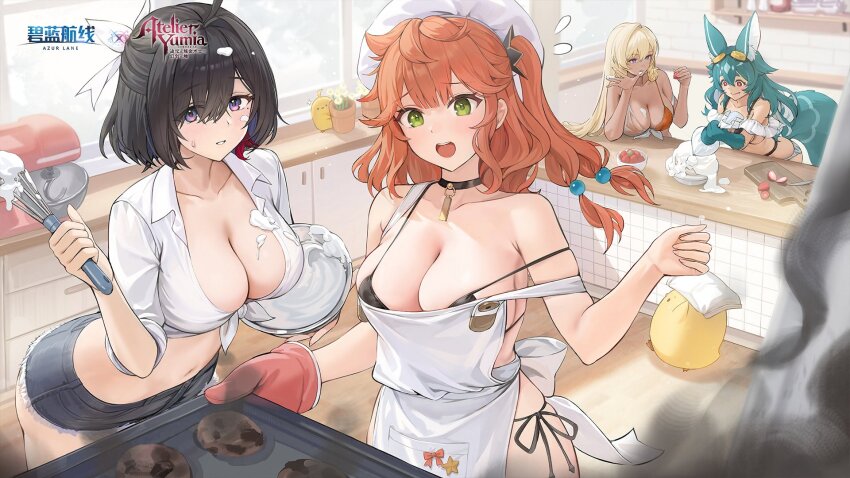 4girls, animal_ear_fluff, animal_ears, animal_hands, apron, armpit_crease, atelier_(series), atelier_yumia, azur_lane, bikini, black_bikini, black_choker, black_hair, blonde_hair, bow, breasts, burnt_food, choker, cleavage, collarbone, copyright_name, cream, cream_on_body, cream_on_breasts, cream_on_face, dark-skinned_female, dark_skin, denim, denim_shorts, flying_sweatdrops, food, food_on_face, fruit, green_eyes, green_hair, hair_bow, highres, indoors, isla_von_duerer, isla_von_duerer_(open-air_vacationeer), kitchen, large_breasts, lenja, lenja_(summer_vacation_time), logo, long_hair, looking_at_viewer, manjuu_(azur_lane), medium_hair, mole, mole_under_eye, multiple_girls, navel, nina_friede, nina_friede_(cafe_&amp;_diner_mode), official_alternate_costume, official_art, orange_hair, oven_mitts, plant, potted_plant, purple_eyes, red_eyes, shirt, short_hair, short_shorts, shorts, side-tie_bikini_bottom, side_ponytail, skindentation, stomach, strawberry, swimsuit, third-party_source, tied_shirt, whisk, white_apron, white_bow, white_shirt, window, yumia_liessfeldt, yumia_liessfeldt_(everyone's_favorite_patissier)