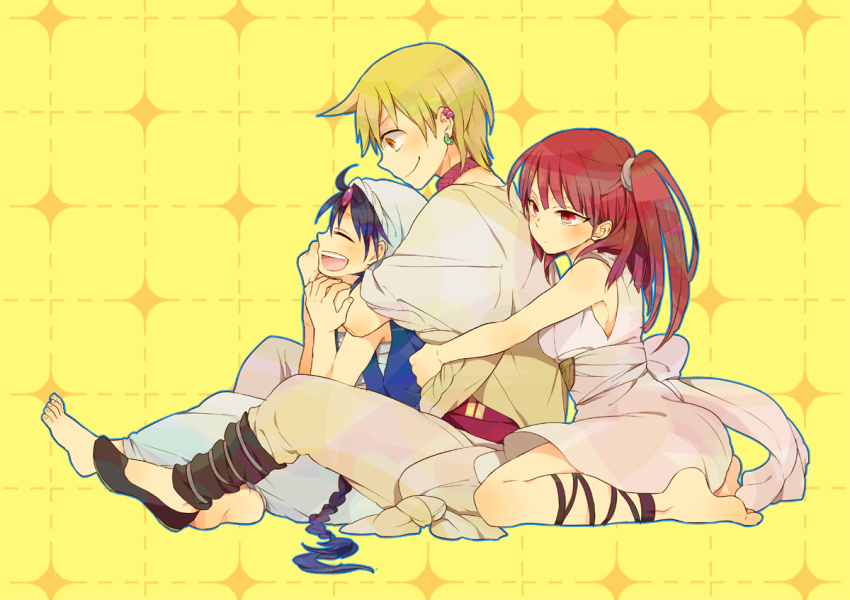 2boys, aladdin_(magi), alibaba_saluja, barefoot, blonde_hair, blue_hair, earrings, closed_eyes, itonoko, jewelry, kneeling, magi_the_labyrinth_of_magic, morgiana, multiple_boys, open_mouth, orange_eyes, red_eyes, red_hair, side_ponytail, turban