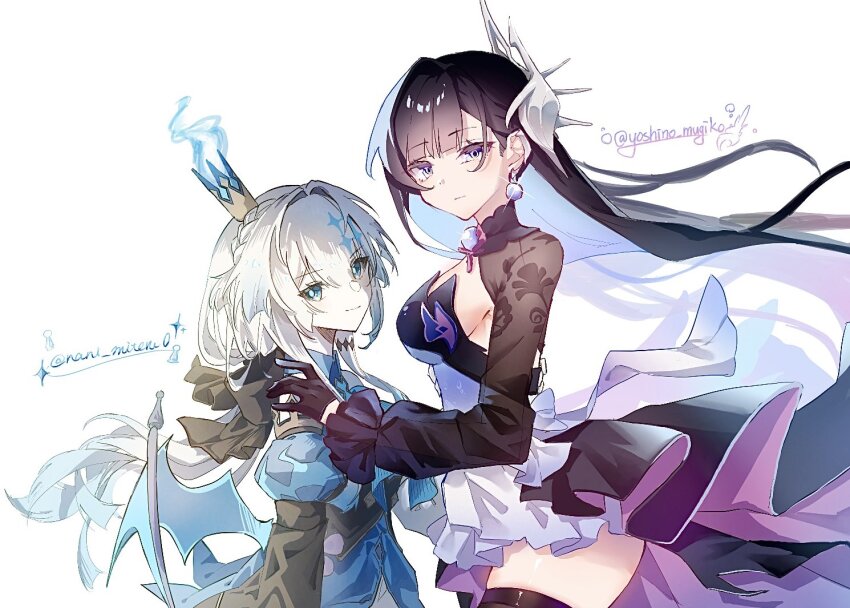 2girls, artist_collaboration, black_gloves, black_hair, blue_dress, blue_eyes, blue_hair, breasts