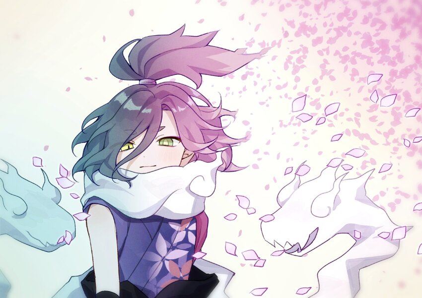 1boy, cherry_blossoms, djob7ycnem9, green_eyes, green_hair, heterochromia, highres, japanese_clothes