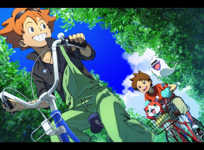 2boys, amano_keita, black_shirt, blue_sky, brown_hair, brown_pants, buck_hazeltine, cloud