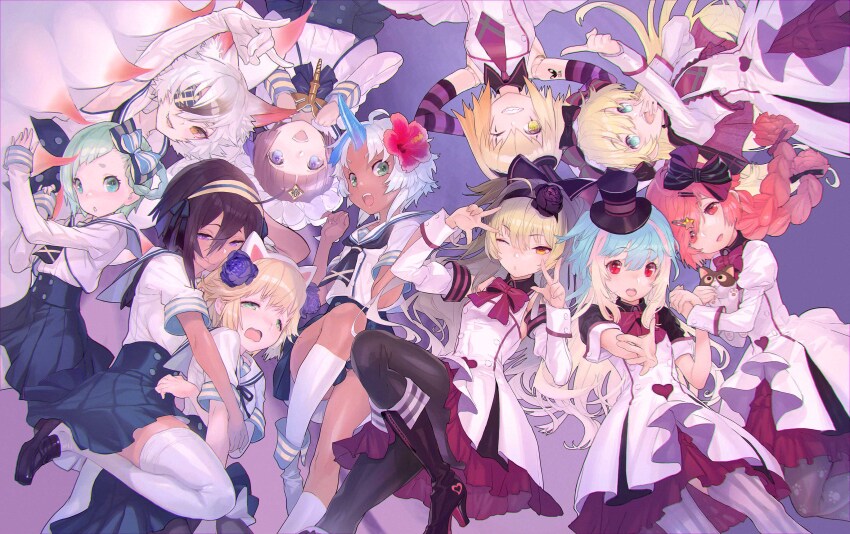 6+girls, :q, absurdres, animal_ear_hairband, animal_ears, black_boots, black_bow, black_hair, black_hat, blonde_hair, blue_eyes, blue_hair, blue_skirt, boots, bow, braid, braided_hair_rings, brown_hair, cat, cat_ears, coppelia_(wonderland_wars), dark-skinned_female, dark_skin, doll_joints, double_w, fake_animal_ears, flower, fox_ears, fox_girl, fox_tail, green_eyes, green_hair, grey_hair, hair_flower, hair_ornament, hair_rings, hairband, hairclip, hat, hibiscus, high_heel_boots, high_heels, highres, horns, index_finger_raised, joints, knee_boots, little_alice_(wonderland_wars), long_hair, long_sleeves, ma'at_(wonderland_wars), maeshima_shigeki, mikusa, mirabelle_(wonderland_wars), multiple_girls, multiple_tails, official_art, giuse_(wonderland_wars), pleated_skirt, purple_eyes, red_eyes, red_hair, rin_(wonderland_wars), shadow_alice_(wonderland_wars), short_sleeves, single_horn, skirt, tail, tamamo_(wonderland_wars), tatara_(wonderland_wars), tongue, tongue_out, top_hat, w, wonderland_wars, yellow_eyes, yukuikoro