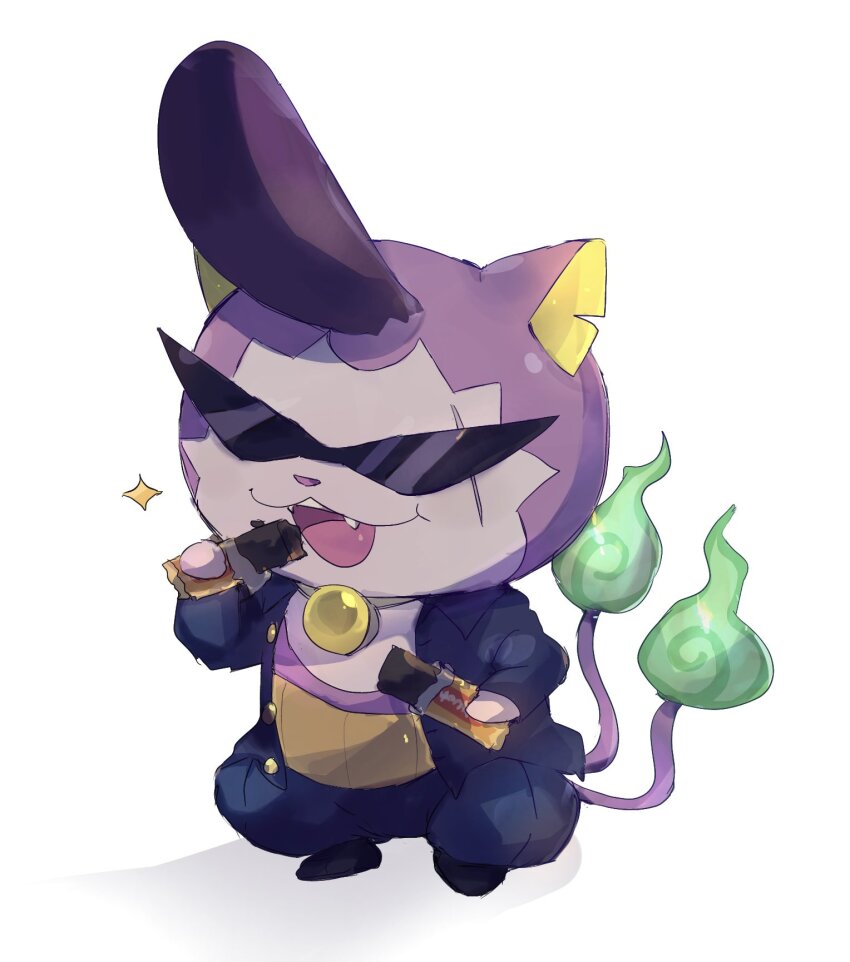 animal_ears, blue_jacket, blue_pants, candy, cat_ears, chocolate, chocolate_bar, fire