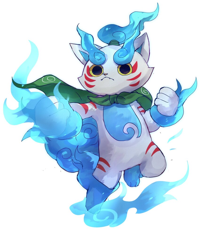 blue_fire, cape, fire, green_cape, highres, no_humans, shishikoma, simple_background