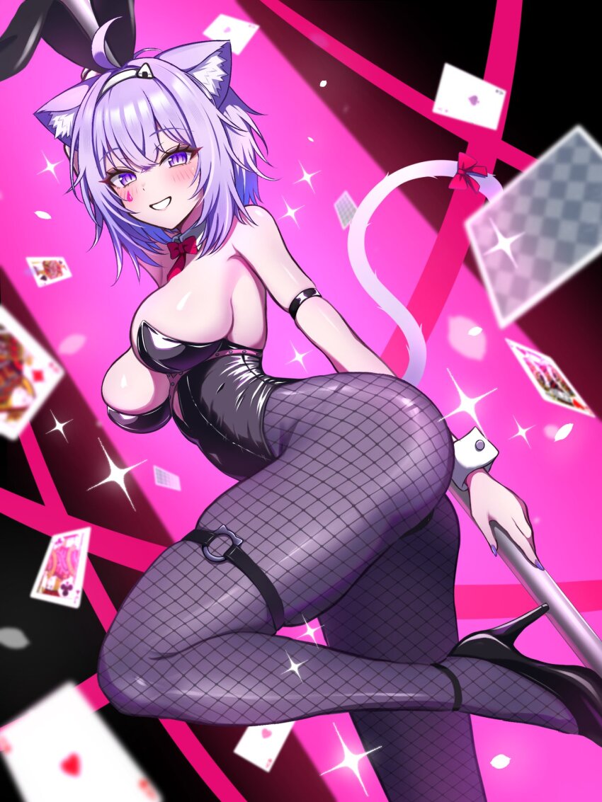 1girl, ace_(playing_card), ace_of_hearts, ace_of_spades, animal_ear_fluff, animal_ears, bare_shoulders, black_leotard