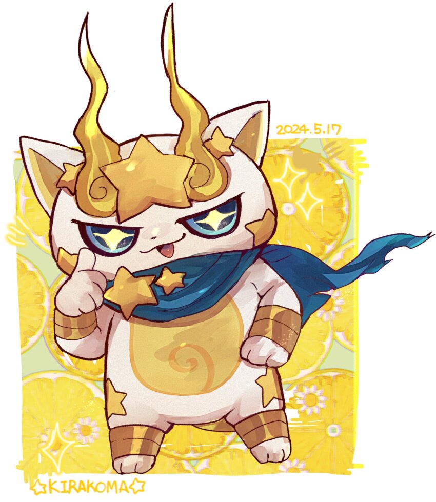 blue_scarf, character_name, dated, highres, kirakoma, looking_at_viewer, no_humans, scarf, solo, star_(symbol), umeyoukan_hn43, youkai_(youkai_watch), youkai_watch