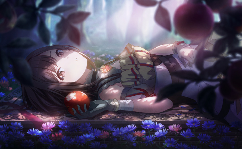 1girl, akari_no_mirage_(project_sekai), apple, blurry, blurry_background, breasts, brown_eyes, brown_hair
