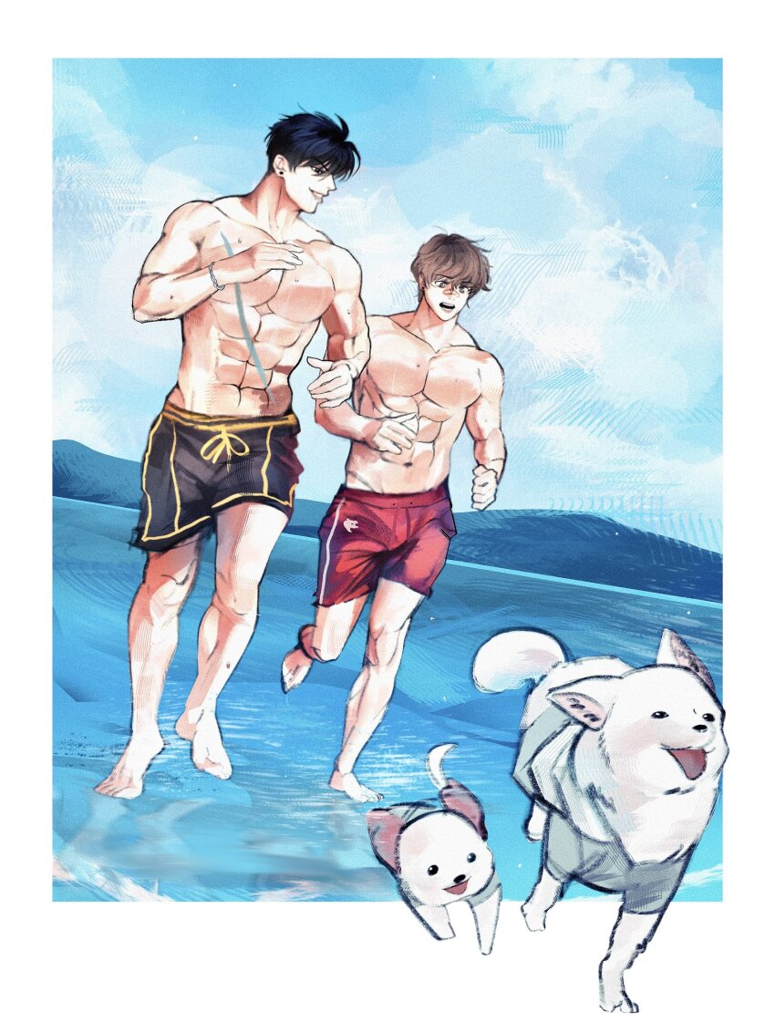 2boys, abs, animal, black_hair, black_male_swimwear, blue_sky, brown_hair, cloud, day, dog, gggangbuk, highres, horizon, lee_jin-sung, lookism, male_focus, male_swimwear, multiple_boys, muscular, muscular_male, navel, ocean, open_mouth, outdoors, pectorals, red_male_swimwear, running, seong_yo-han, short_hair, sky, smile, swimsuit, topless_male, water, white_dog