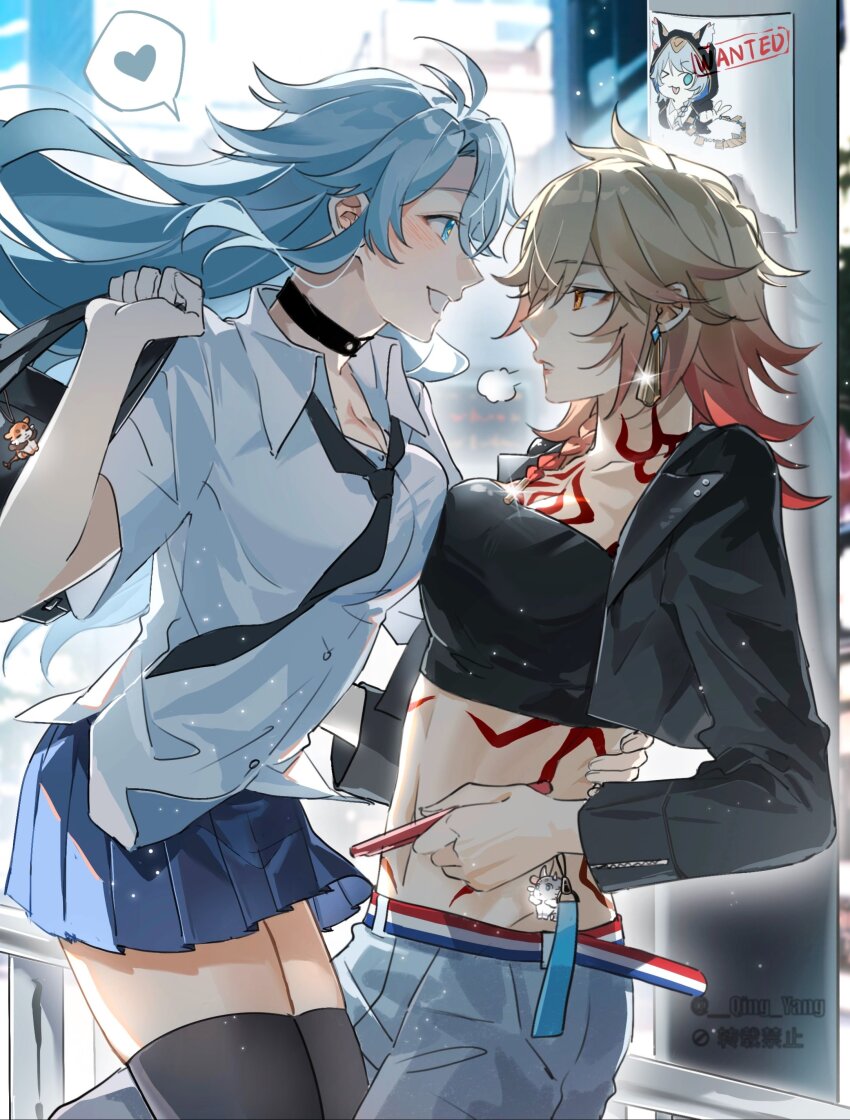 2girls, absurdres, antenna_hair, bag, black_jacket, black_necktie, black_thighhighs, black_tube_top