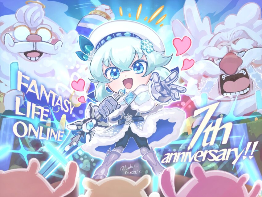 1girl, 2boys, :d, anniversary, armored_boots, armored_gloves, beard, beret, large_nose, blue_capelet, blue_eyes, blue_hair, blue_skirt, boots, capelet, commentary_request, concert, copyright_name, creature, crying, facial_hair, fantasy_life, fur-trimmed_capelet, fur-trimmed_skirt, fur_trim, glasses, glowstick, hat, heart, highres, holding, holding_glowstick, holding_sword, holding_weapon, legs_apart, long_hair, looking_at_viewer, multiple_boys, old, old_man, opaque_glasses, open_mouth, people, round_eyewear, runachikku, skirt, smile, snow_(fantasy_life), sparkle, standing, streaming_tears, sword, tears, teeth, thick_eyebrows, weapon, white_hair, white_hat