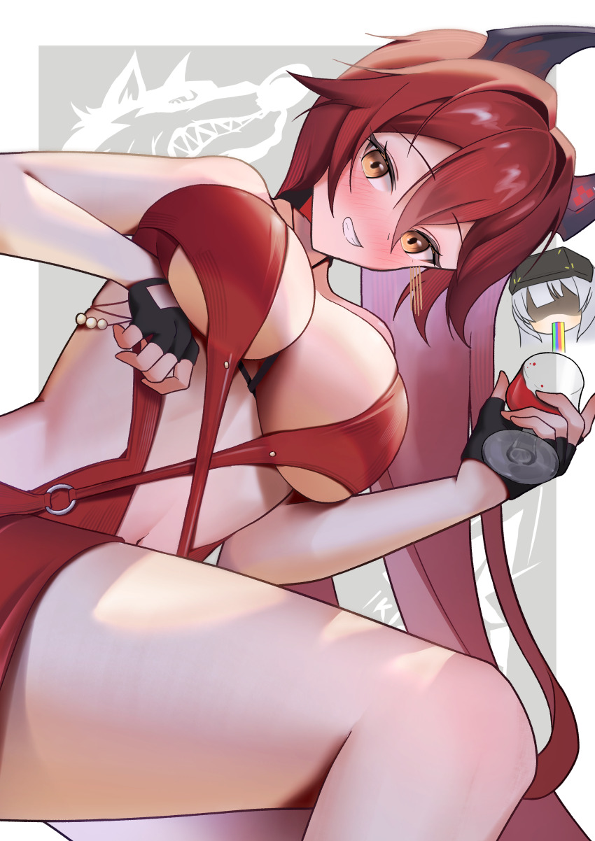 2girls, absurdly_long_hair, absurdres, black_gloves, blush, breasts, cleavage, cup