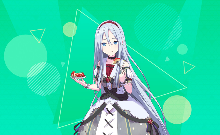 1girl, akari_no_mirage_(project_sekai), apple, black_choker, blue_eyes, choker, circle, closed_mouth