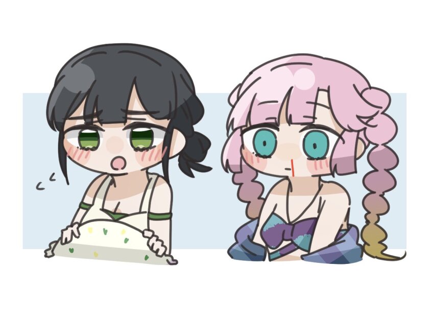 2girls, :|, anyoji_hime, anyoji_hime_(c106_swimsuit), aroused_nosebleed, bikini, black_hair, blonde_hair, blood, blue_background, blue_eyes, blue_shawl, blush, border, breasts, cleavage, closed_mouth, comiket_106, commentary, flying_sweatdrops, gradient_hair, green_bikini, green_eyes, layered_bikini, link!_like!_love_live!, looking_at_another, love_live!, mihasu_ll, momose_ginko, momose_ginko_(c106_swimsuit), multicolored_hair, multiple_girls, nosebleed, official_alternate_costume, outside_border, pink_hair, purple_bikini, raised_inner_eyebrows, shawl, short_hair, sidelocks, simple_background, swimsuit, white_bikini, white_border, yuri