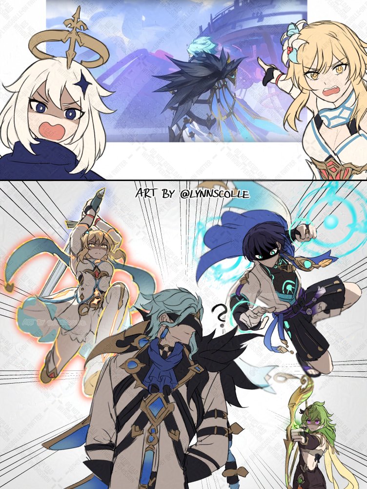 2boys, 3girls, aiming, aqua_hair, armor, arms_behind_back, ascot, belt