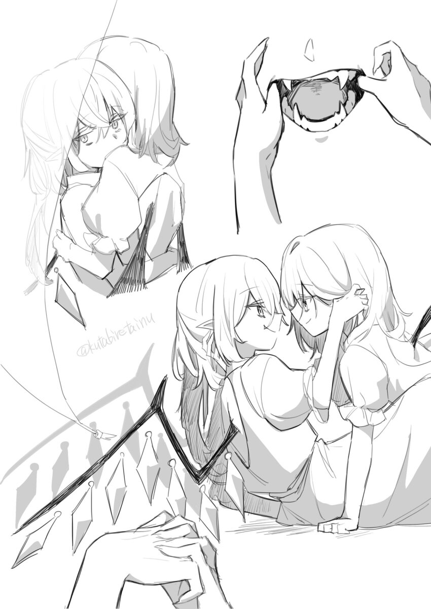 2girls, back_cutout, bat_wings, closed_mouth, clothing_cutout, eye_contact, fang, fang_out