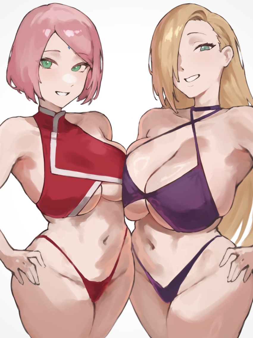 2girls, asymmetrical_docking, bikini, blonde_hair, breast_press, breasts, cowboy_shot, curvy