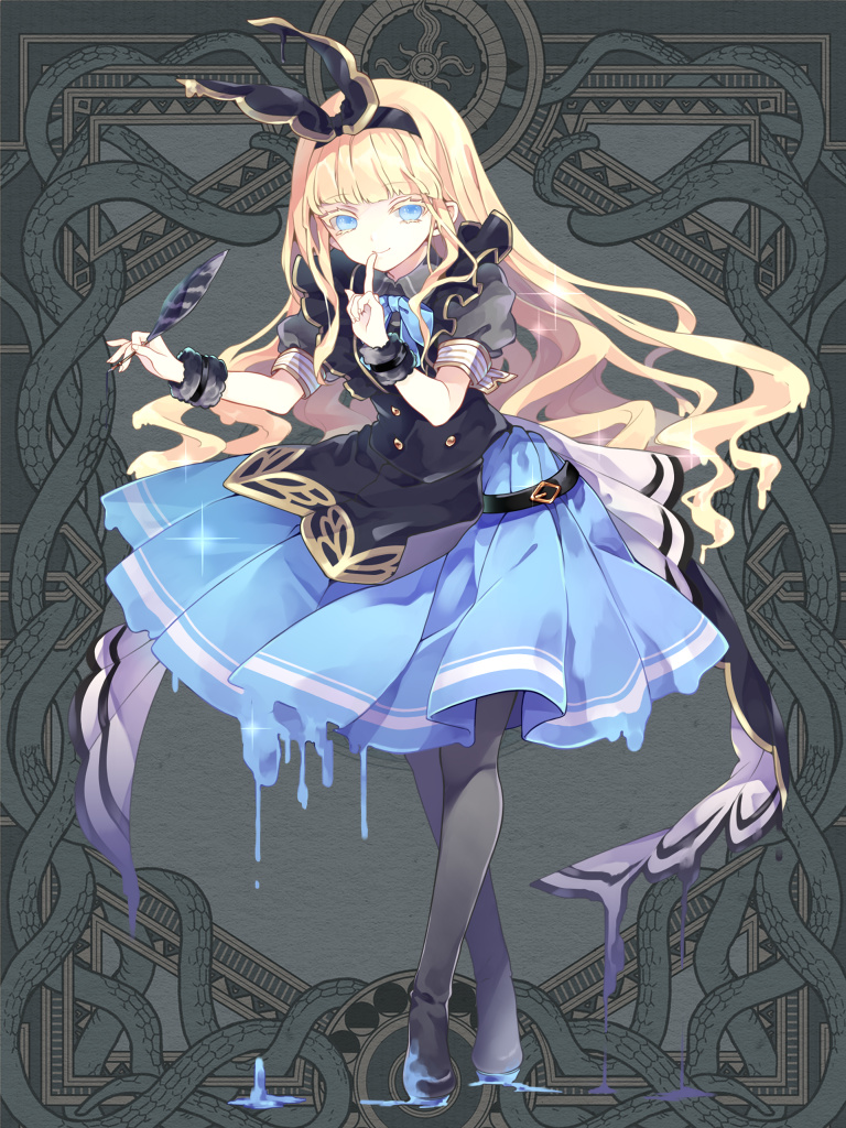 1girl, black_shirt, blonde_hair, blue_eyes, blue_skirt, dairoku_ryouhei, dripping, feathers