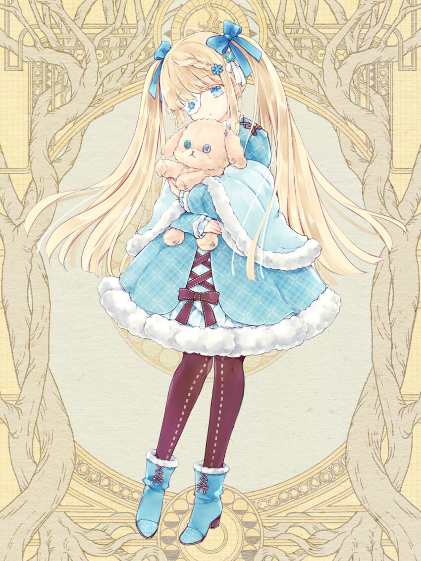 1girl, blonde_hair, blue_boots, blue_bow, blue_coat, blue_eyes, boots, bow