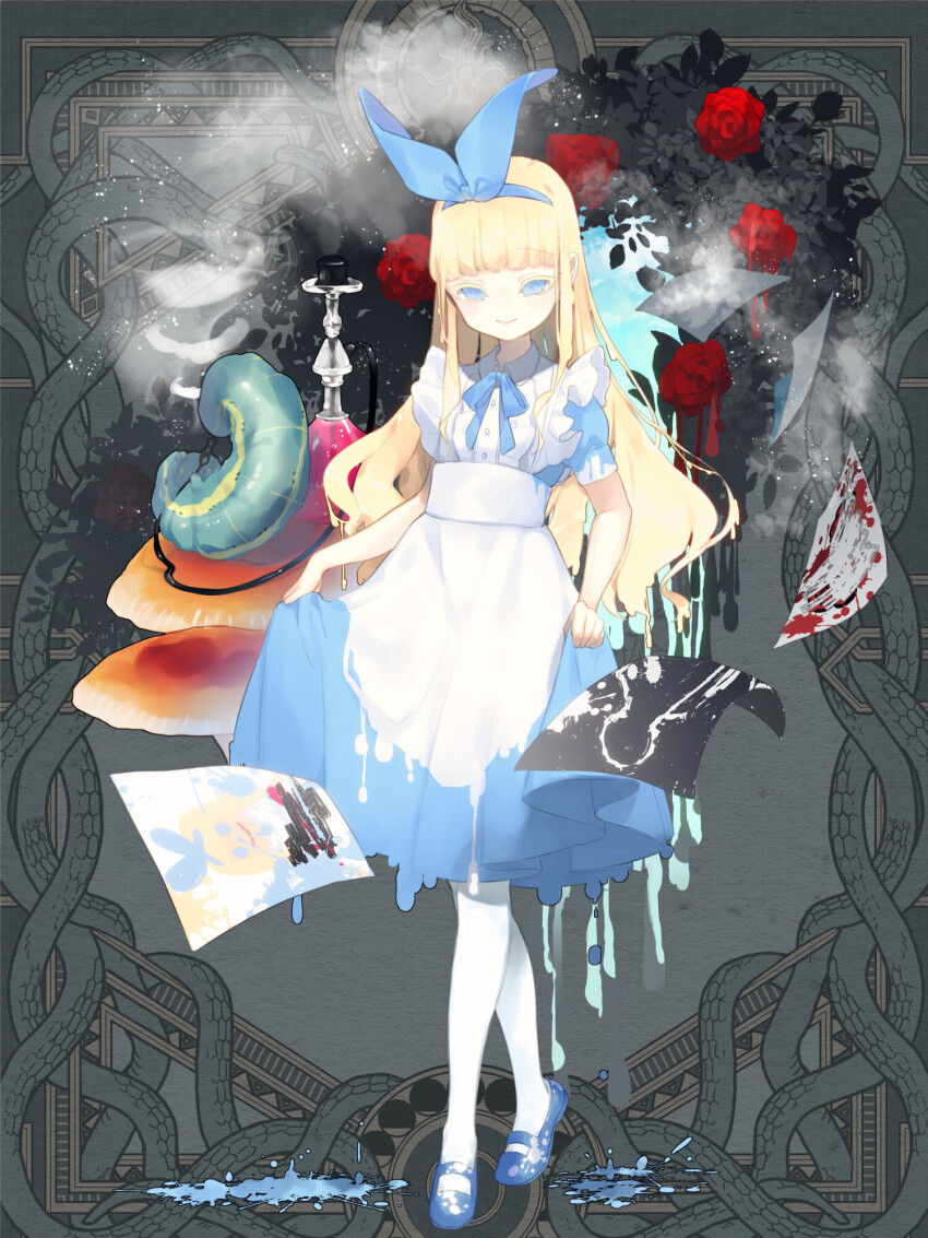 1girl, alice_(alice_in_wonderland), alice_(alice_in_wonderland)_(cosplay), apron, blonde_hair, blue_bow, blue_dress, blue_eyes