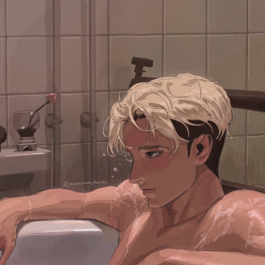 1boy, bath, bathing, bathroom, bathtub, blonde_hair, closed_mouth, highres, indoors, kim_joon_goo, looking_to_the_side, lookism, male_focus, multicolored_hair, muscular, omuteri, short_hair, solo, tile_wall, tiles, topless_male, two-tone_hair, upper_body, wet, wet_hair