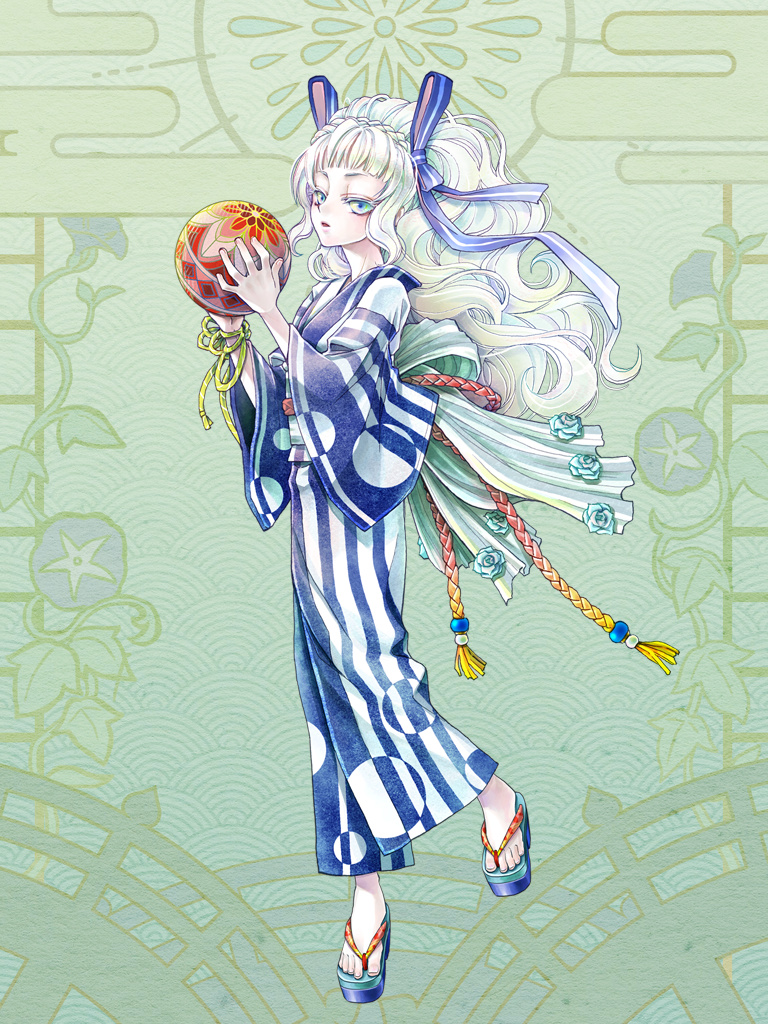1girl, amelie_helville, azuno_tw, ball, blue_eyes, blue_kimono, blue_ribbon, dairoku_ryouhei, full_body, green_background, hair_ribbon, half-closed_eyes, holding, holding_ball, japanese_clothes, kimono, long_hair, looking_at_viewer, ribbon, sandals, solo, striped_clothes, striped_kimono, temari_ball, wavy_hair, wide_sleeves